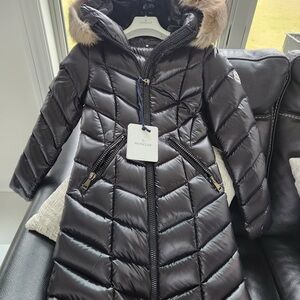 Moncler Shiny Black Puffer Coat with Fur Trim